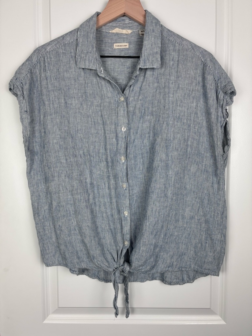 Weatherproof Washable Linen Button Down Crop Blue Pinstripe Womens Size Medium